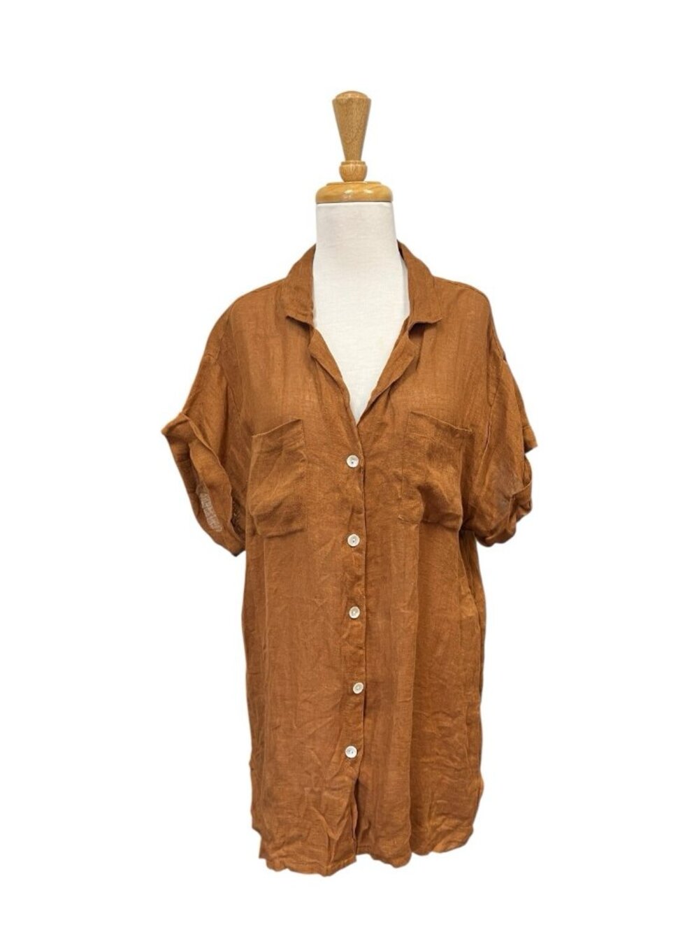 VITAMIN A Playa Pocket Linen Shirt Size M Medium Brown Cover Up